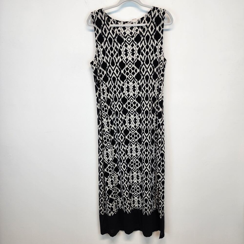 Chicos Travelers 2 Slinky Maxi Dress Size L Black White Geo Sleeveless Stretch